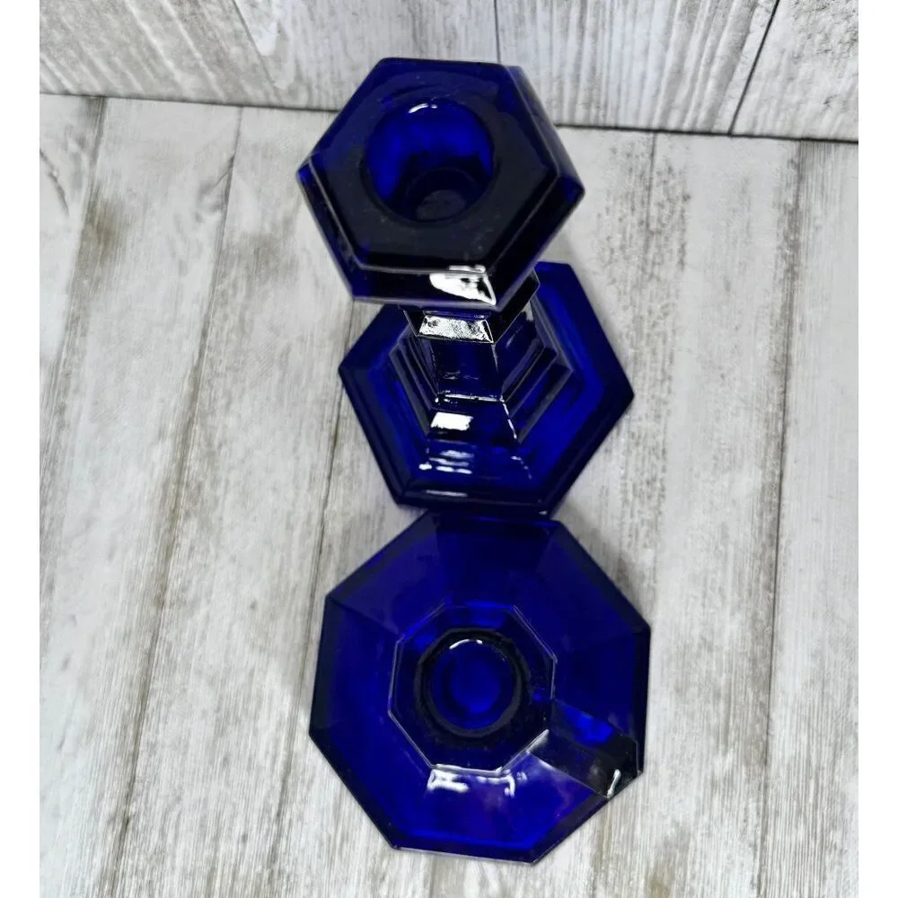 Vintage Cobalt Blue Glass Candle Holders Set of Two